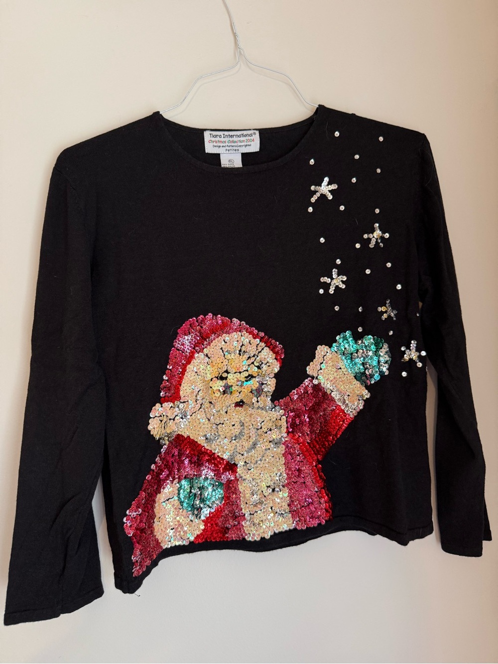 Vintage Tiara International Sequin Embellished Santa Christmas Long Sleeve Shirt